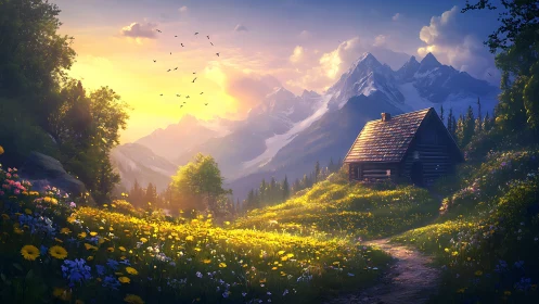 Sunlit mountain cabin amid glowing wildflower meadows at dusk.