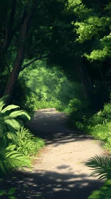 Forest pathway with dense canopy and filtered sunlight