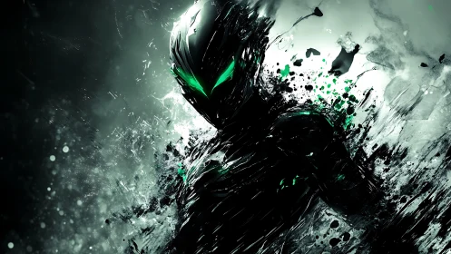 Armored silhouette with neon eyes dissolves into dynamic ink shards