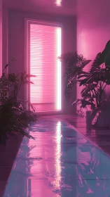 Neon corridor pool reflects pink light and lush plants.