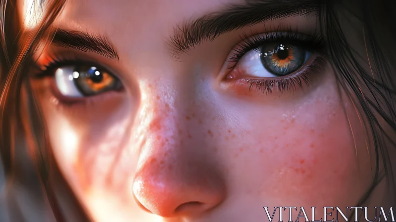 Warm hazel eyes and sunlit freckles in gentle closeup.