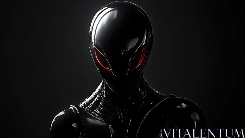 Glossy black humanoid figure stands in low key lighting