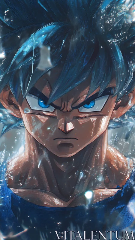 Intense blue haired warrior framed by crackling aura.