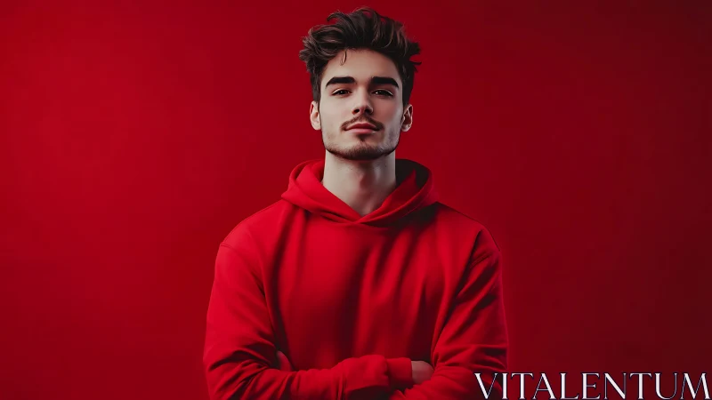 Young man in red hoodie against solid red backdrop.