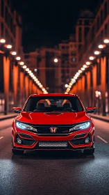 Photorealistic red Honda in nocturnal urban vanishing-point grid.