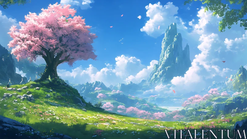 Digital painting of sakura valley with monumental peak panorama.