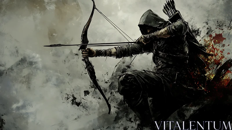 Hooded archer draws bow amid splattered battle smoke.