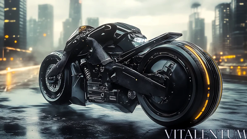 Futuristic black superbike on neon-wet city rooftop at dusk.