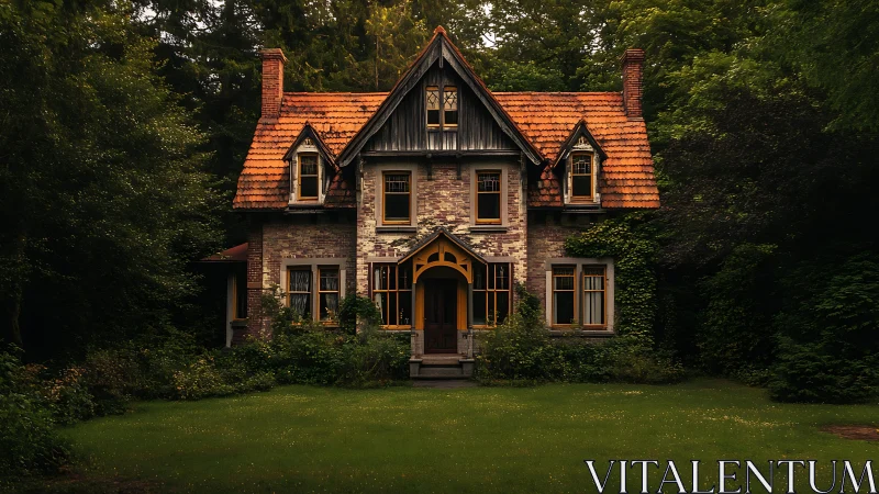 Gabled brick cottage with ivy, steep roof pitch and deep forest setback