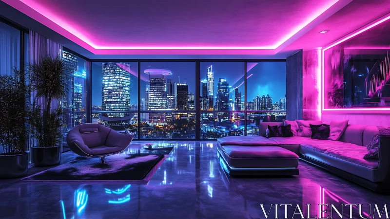 Neon lit luxury penthouse living room with city skyline