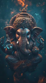 High-detail Ganesha sculpture with volumetric fire and depth haze