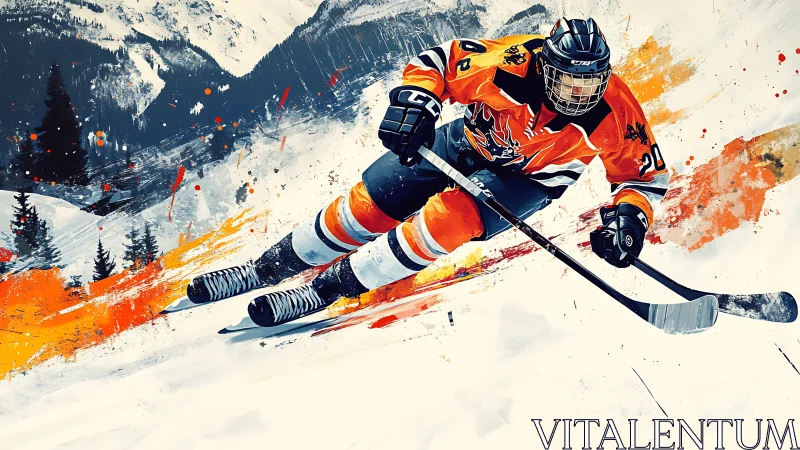 Dynamic ice hockey forward carving turn with abstract color trails