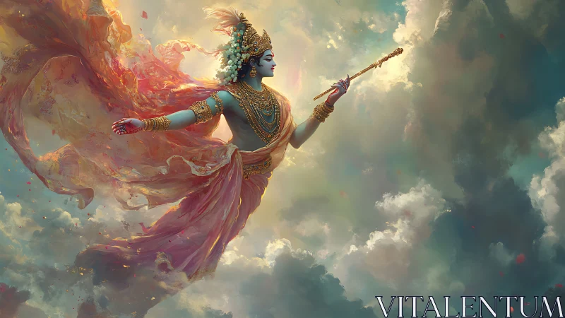 Celestial deity glides through luminous storm clouds