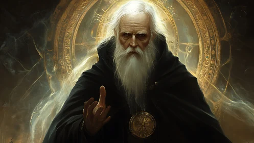 Elderly robed figure before ornate circular sigil.
