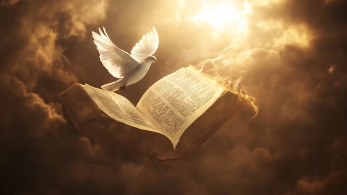 White bird and open book are rendered within luminous clouds