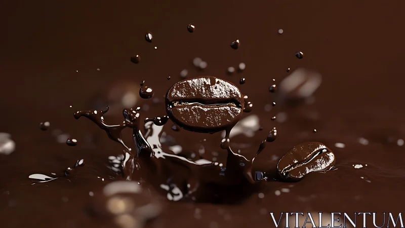 Dark roasted coffee bean splashing in glossy liquid.