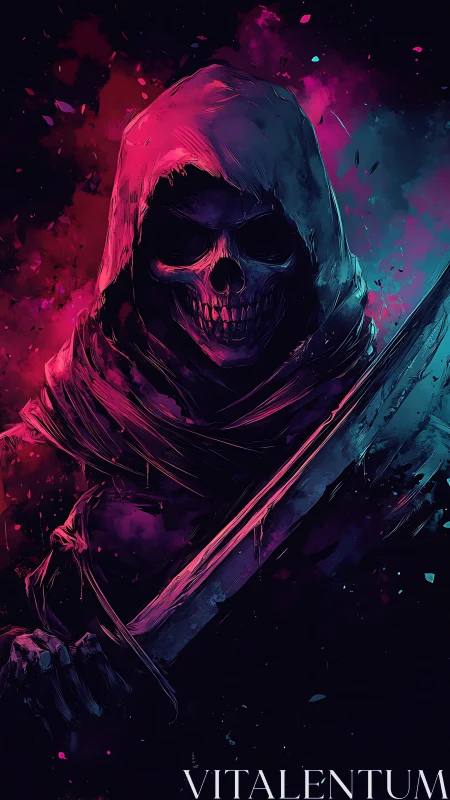 Hooded skeletal figure grips sword under neon split lighting