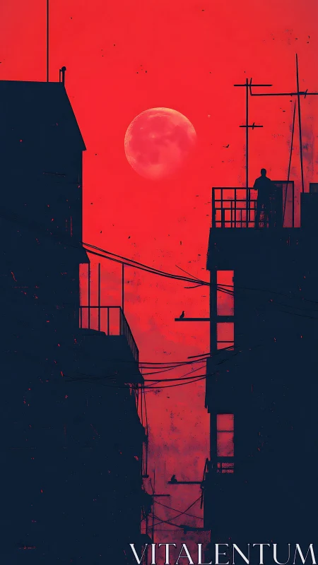 Urban high-rises silhouetted against red sky and full moon.