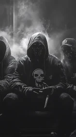 Hooded masked figure sits in smoke with ominous skull emblem.