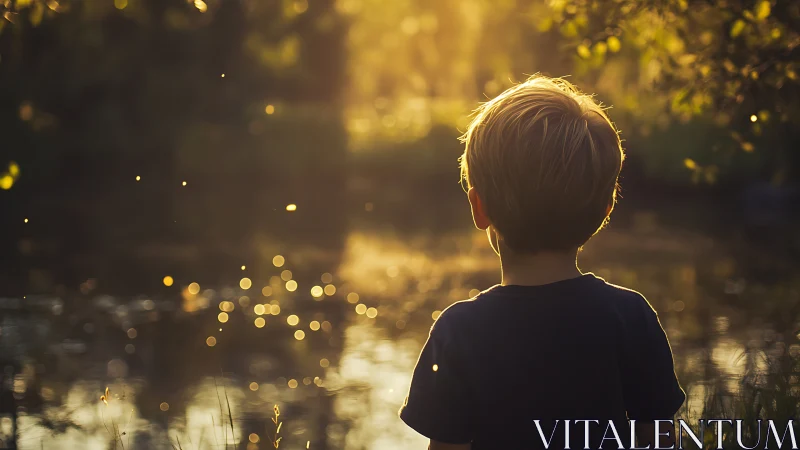 Child watches glowing river in soft golden sunset light.