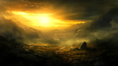 Volumetric-lit mountain valley rendered in high-contrast golden haze
