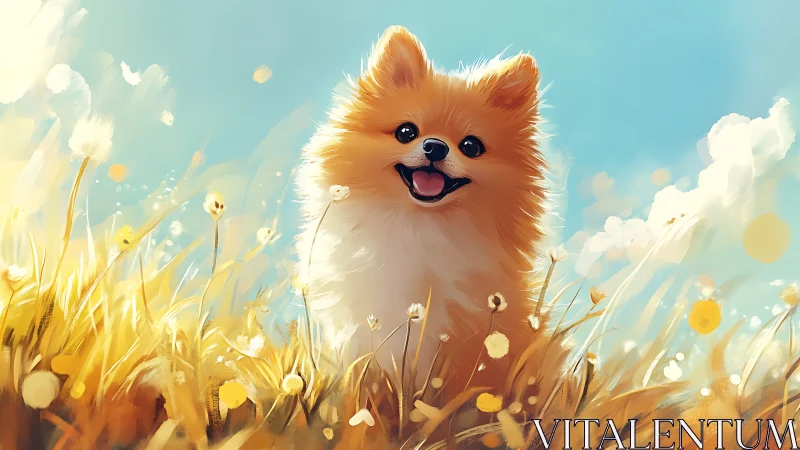 Smiling fluffy dog stands in bright stylized golden field