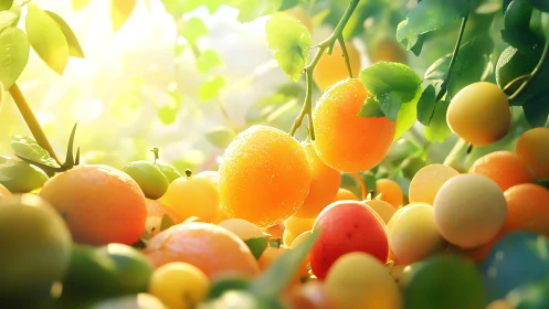Sunlit citrus orchard renders ripe dewy fruit in closeup