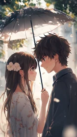 Two anime teenagers share umbrella under soft falling rain