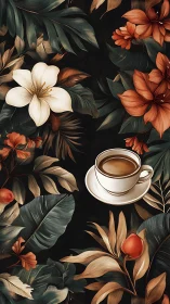 Tropical floral coffee still life in stylized digital rendering.