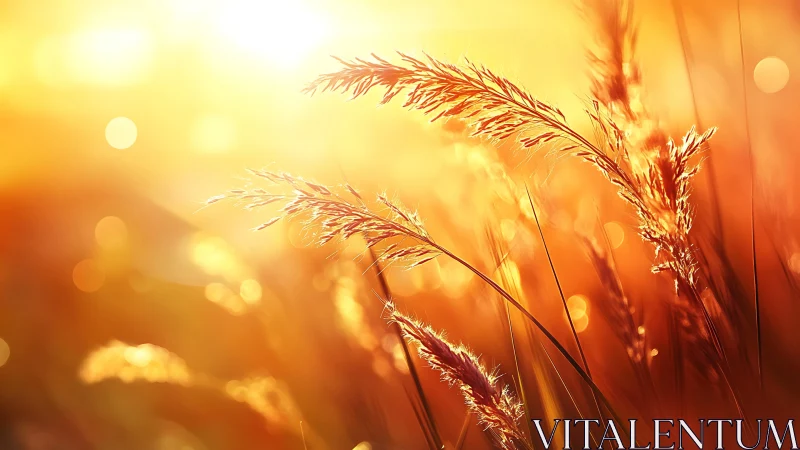 Backlit wild grasses in golden hour macro composition.