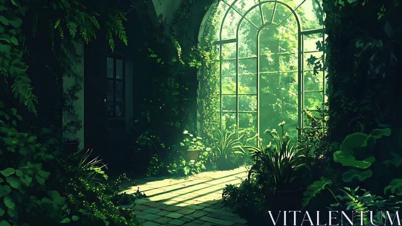Sunlit interior garden corridor shows dense window vegetation