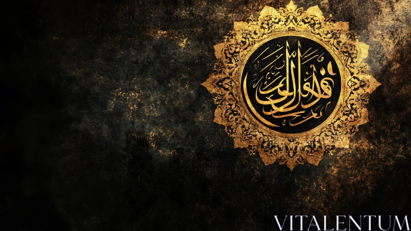 Golden calligraphy medallion glows like a quiet celestial sun