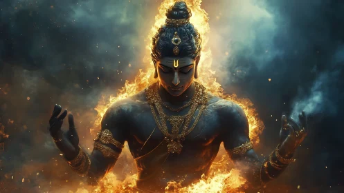 Divine fire deity emerges from swirling cosmic flames in power