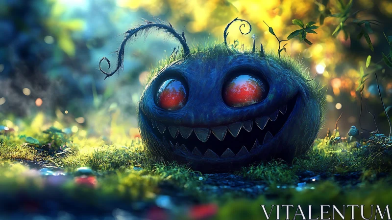 Whimsical moss creature with glowing eyes in forest light.
