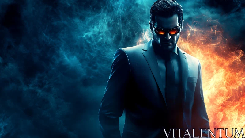 Photorealistic cyber agent in dual-tone fire and smoke field.