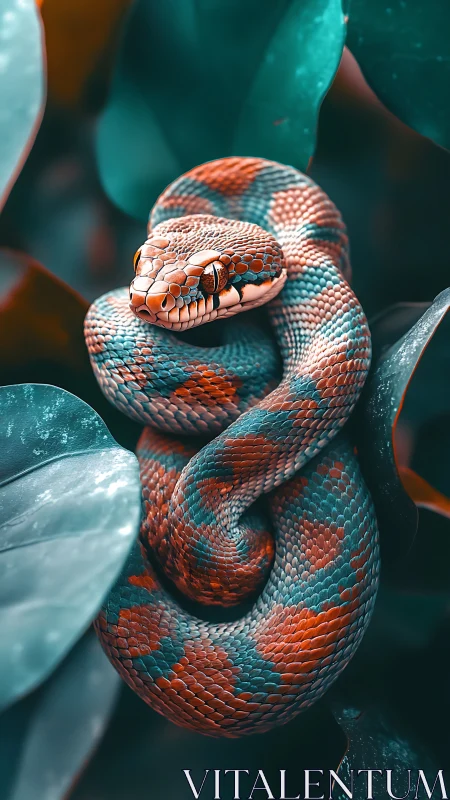 Coiled snake rests among large teal and orange foliage