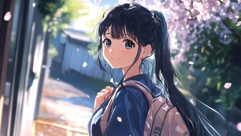 Student with backpack stands outdoors under blooming branches