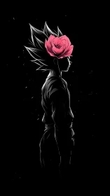 Side-profile anime warrior silhouette with blooming rose crown