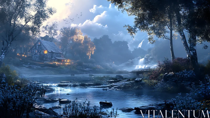 Moonlit forest river with glowing cottage and distant falls.