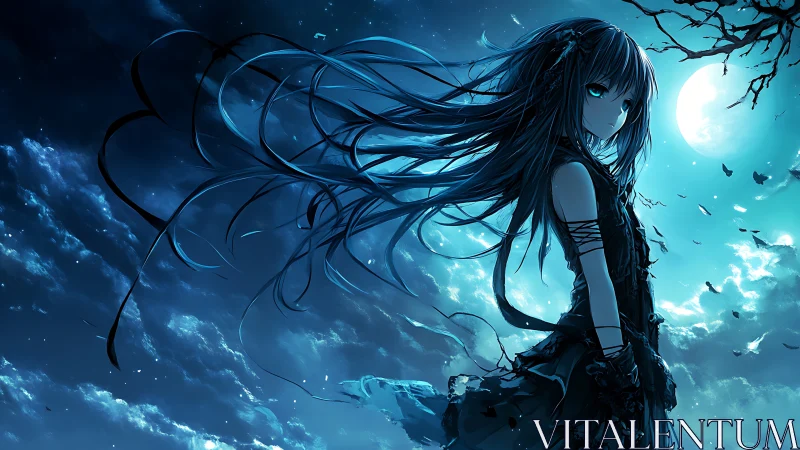 Lunar backlit anime girl in dynamic wind-swept silhouette frame.