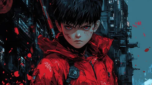 Neon storm kid in crimson armor stalking the rain-slick city.