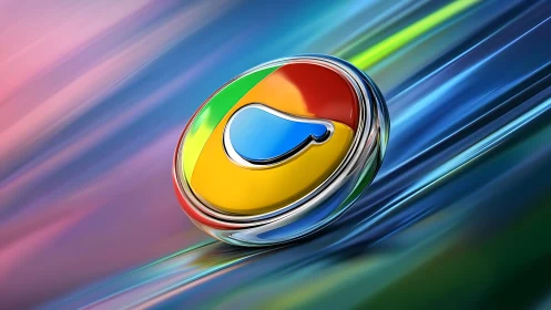 Chrome inspired 3D emblem on abstract motion background.