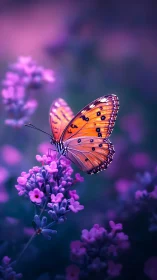 Gentle orange butterfly rests among dreamy purple blooms
