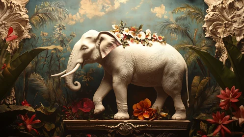 Baroque white elephant tableau with botanical ornamentation.