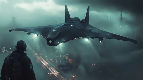 Stealth aircraft over foggy futuristic city at night.