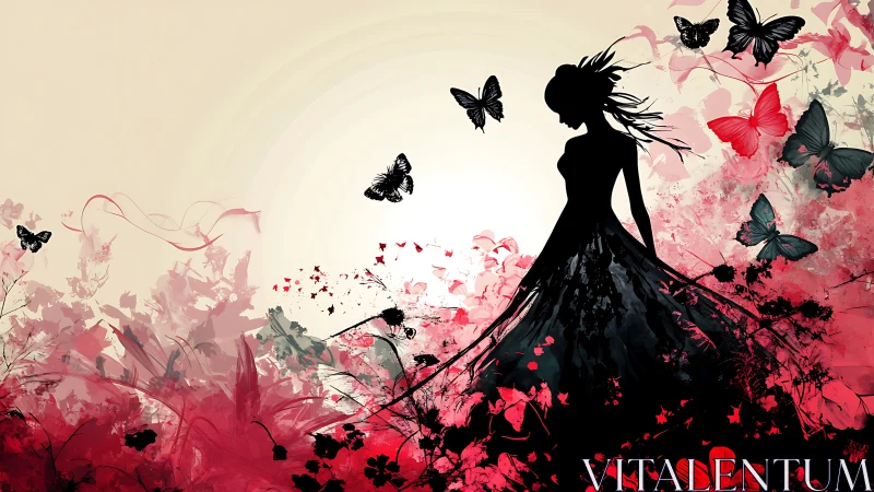 Silhouette of woman with butterflies and floral bursts.