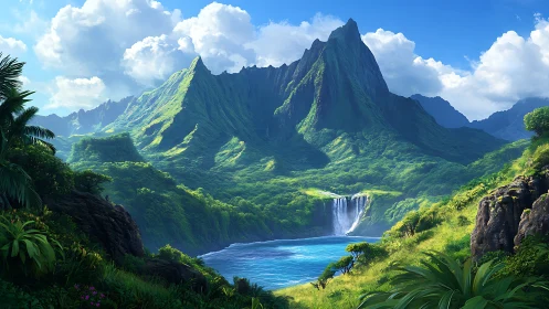 Lush green mountains surrounding blue lagoon and waterfall.