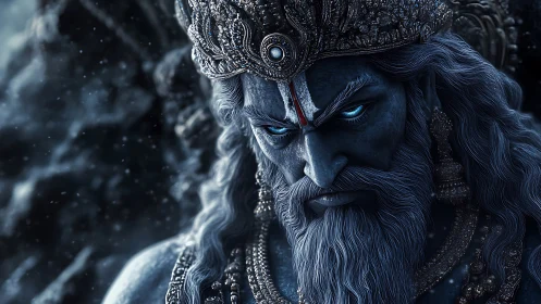 Divine blue warrior gazes fiercely through swirling frost