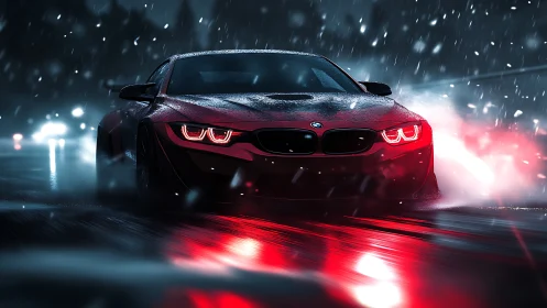 Red sports car drifts through neon-lit stormy night street.