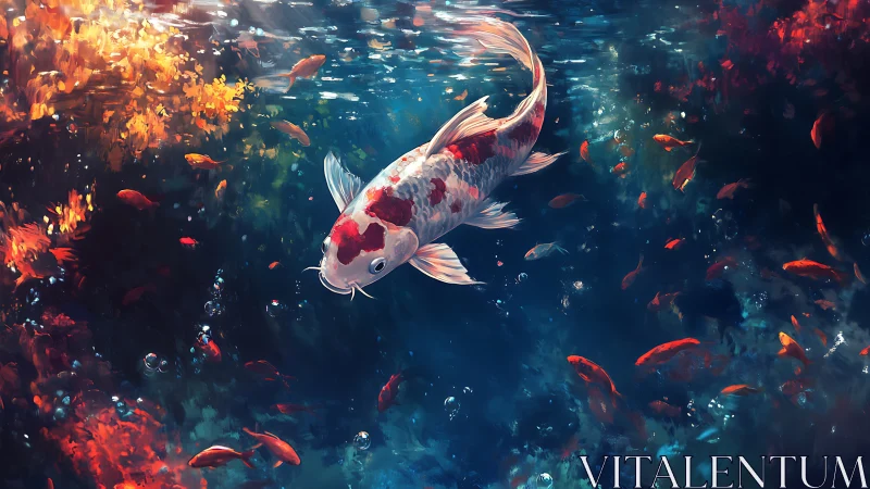 Digital painting of luminous koi carp in layered aquatic depth.
